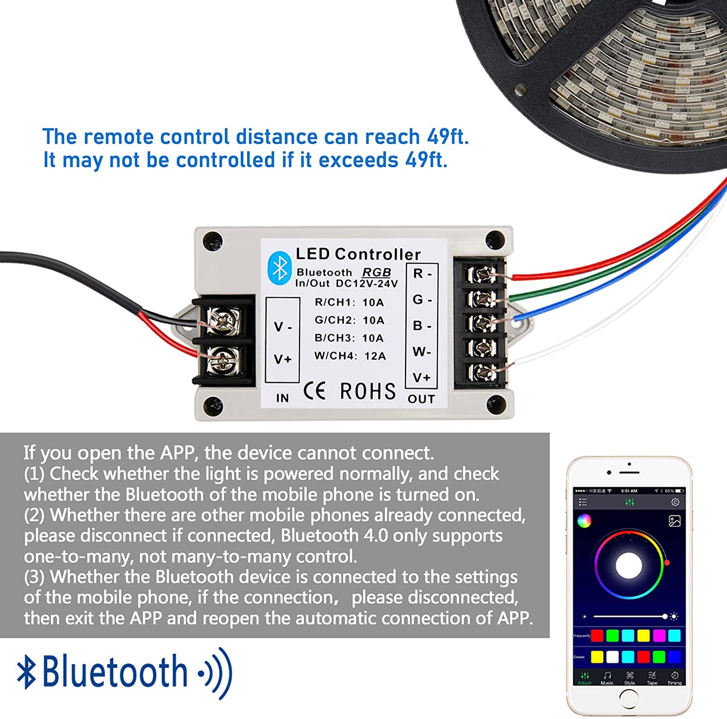 Contrôleur de bande LED RGB/RGBW Bluetooth – 12 V-24 V CC | Contrôle via application smartphone (iOS et Android) | Pour bandes LED