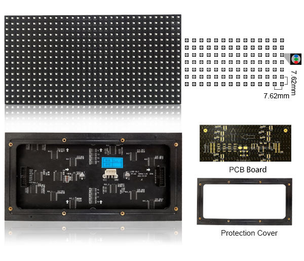 Module LED d'intérieur standard M-ID7.6 P7.62, dalle d'affichage LED RVB 7,62 mm, 244 x 122 mm, 512 points, balayage 1/8, 800 nits, pour affichage intérieur.