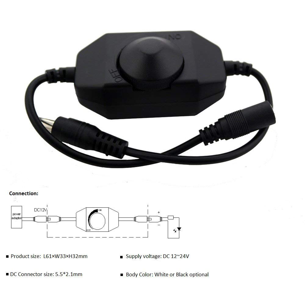 Variateur LED monochrome – 12 V-24 V CC 6 A | Contrôleur variateur LED à commutateur rotatif | Noir/blanc | Pour bandes LED