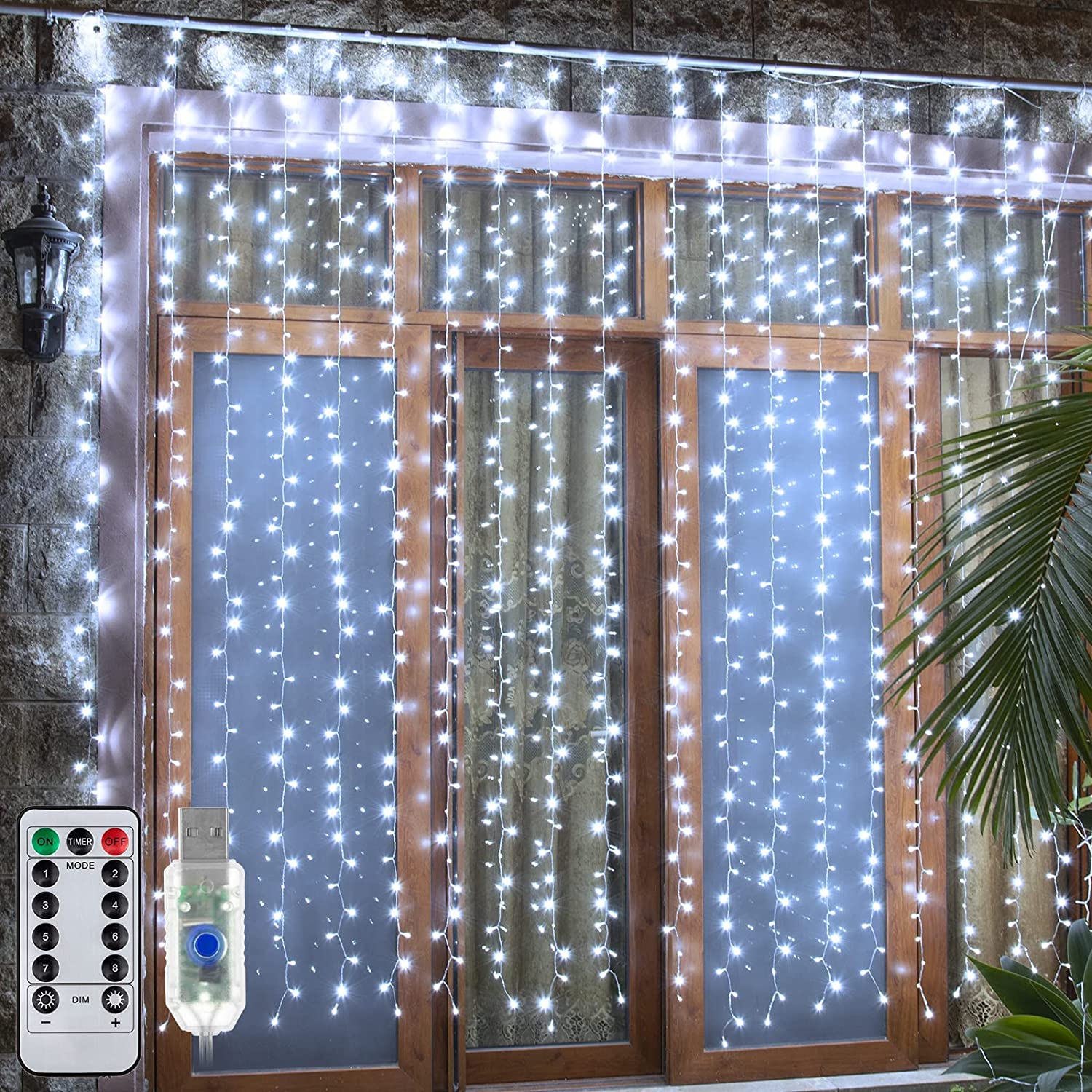 300 LED Curtain Lights 9.8ft by 9.8ft, 8 Lighting Modes White Color Window Curtain String Lights with Remote USB Powered, Home Party Christmas Indoor, image size:1500x1500