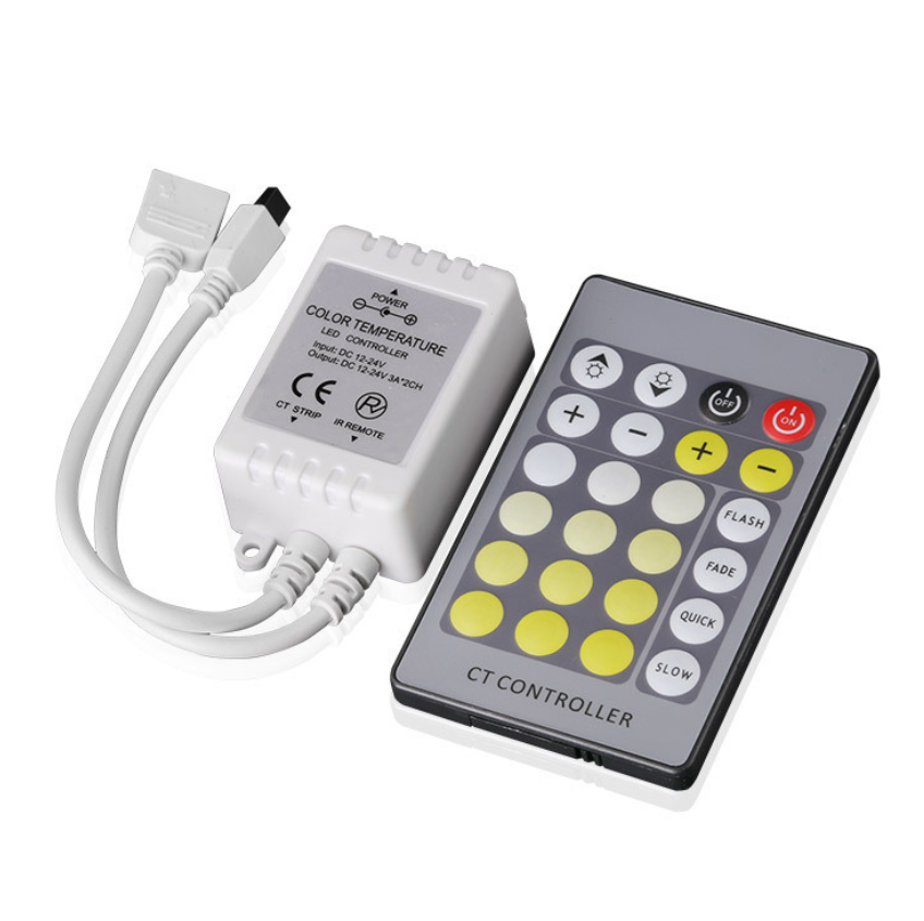 Dual White LED Strip Controller – DC12V–24V | 24-Key IR Remote | Color Temperature Adjustable | For Tunable White LED Strips