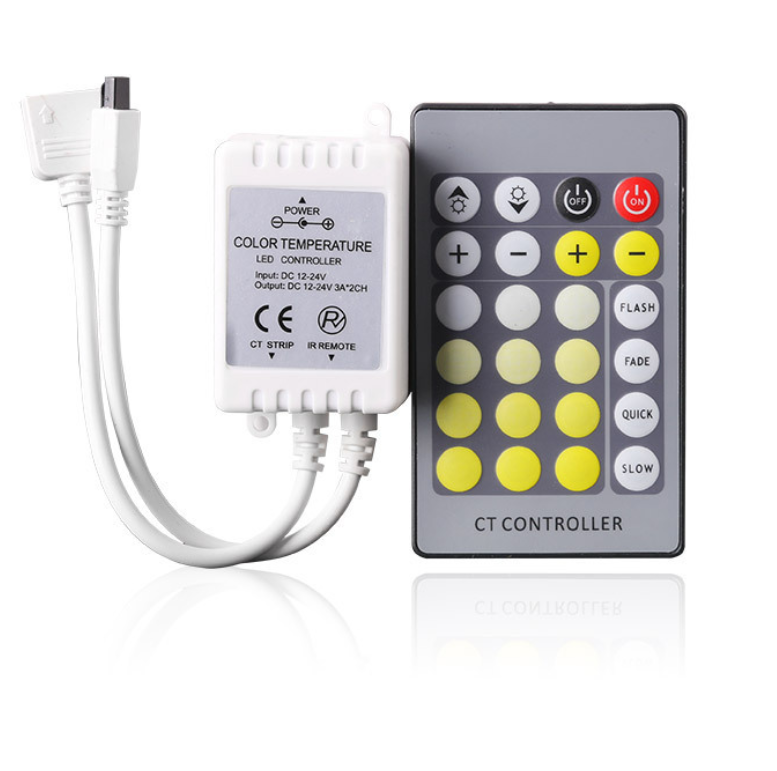 Dual White LED Strip Controller – DC12V–24V | 24-Key IR Remote | Color Temperature Adjustable | For Tunable White LED Strips
