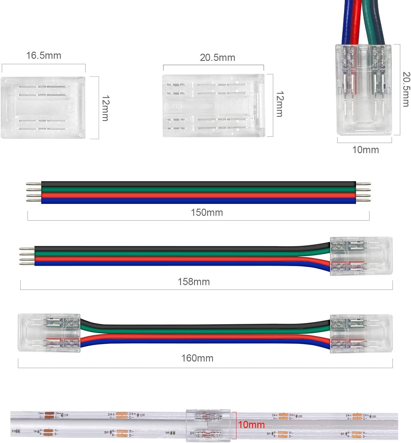 Transparent Crystal LED Strip Connectors – 10mm 4Pin Solderless Clips | Strip to Wire / Strip to Strip / Female Plug – Local Stock US/UK