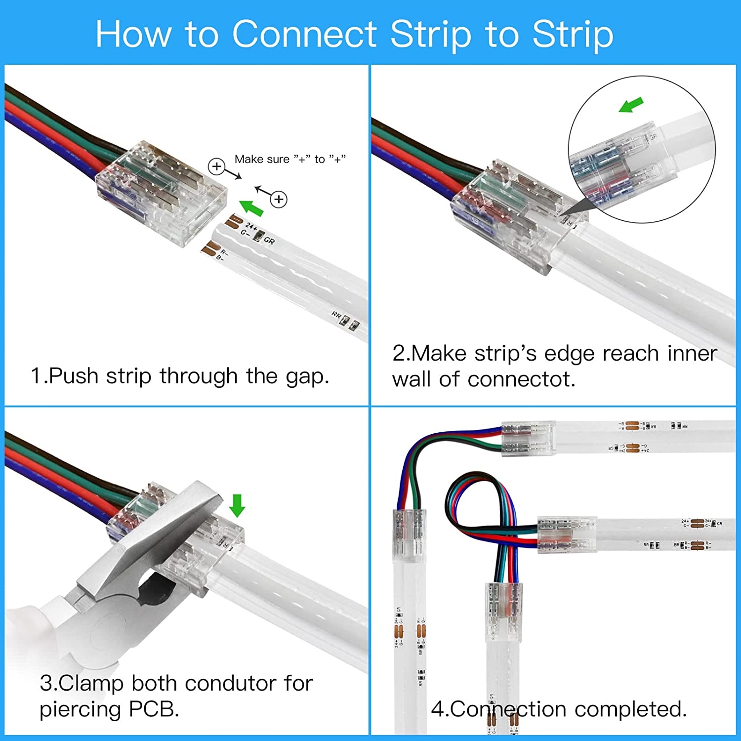 Transparent Crystal LED Strip Connectors – 10mm 4Pin Solderless Clips | Strip to Wire / Strip to Strip / Female Plug – Local Stock US/UK