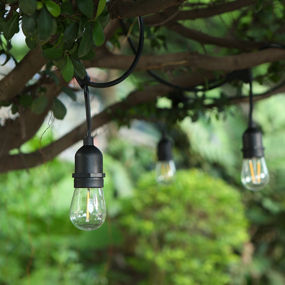 1Pack - Dimmable Waterproof LED Outdoor String Lights - Hanging, 2W Edison Bulbs - 48Ft Commercial Lights for Decor for Patio, Backyard, Garden, S14 Black - Warm White
