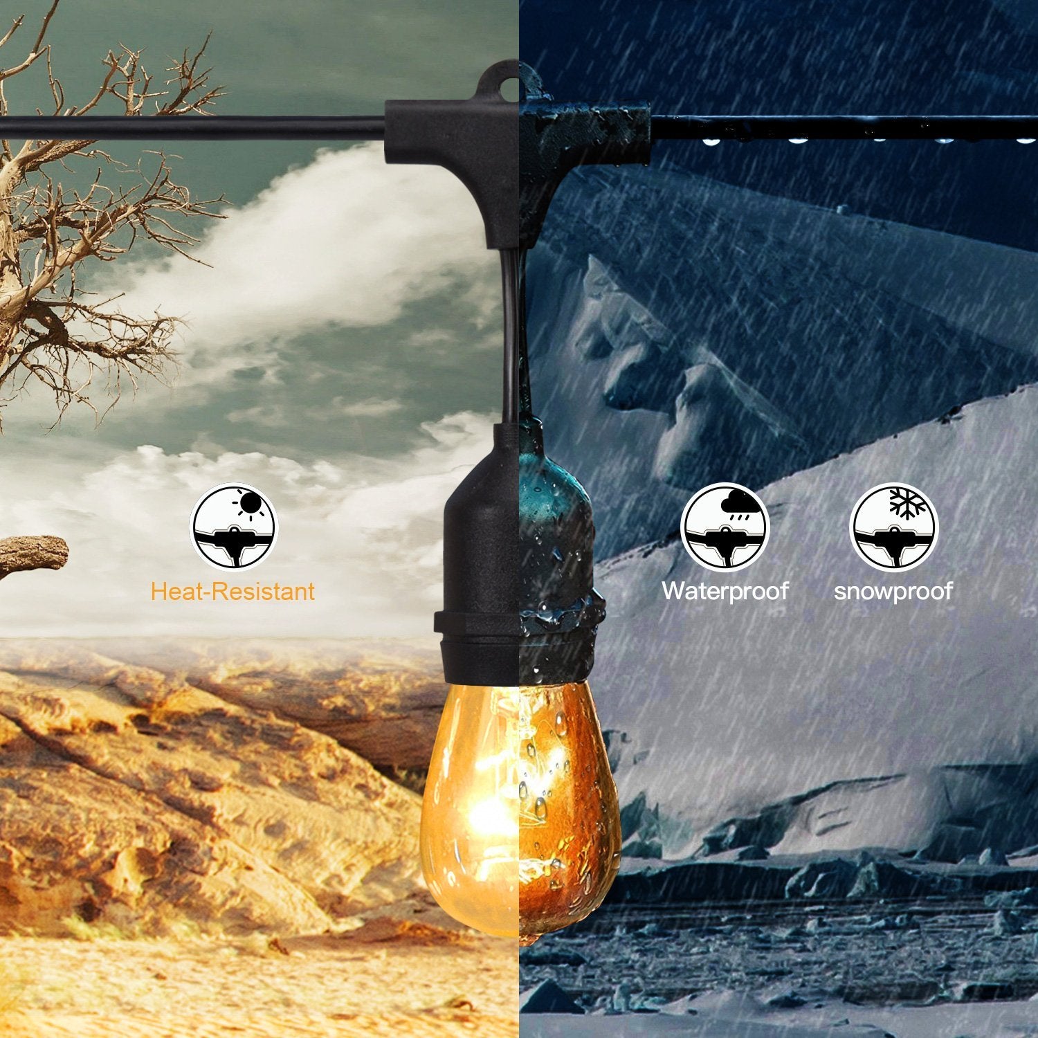 1Pack - Dimmable Waterproof LED Outdoor String Lights - Hanging, 2W Edison Bulbs - 48Ft Commercial Lights for Decor for Patio, Backyard, Garden, S14 Black - Warm White