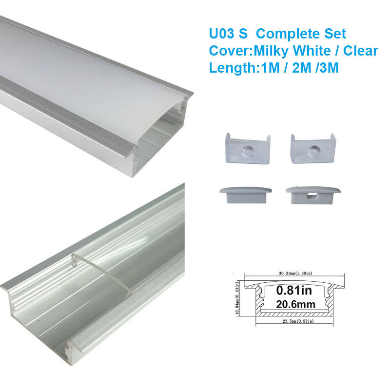 U Shape LED Channel U03-A – 20mm | Silver / Black | Milky White Cover | With Installation Accessories | – Heavy-Duty Aluminum Profile – 1m / 2m / 3m | 50 / 100-Pack