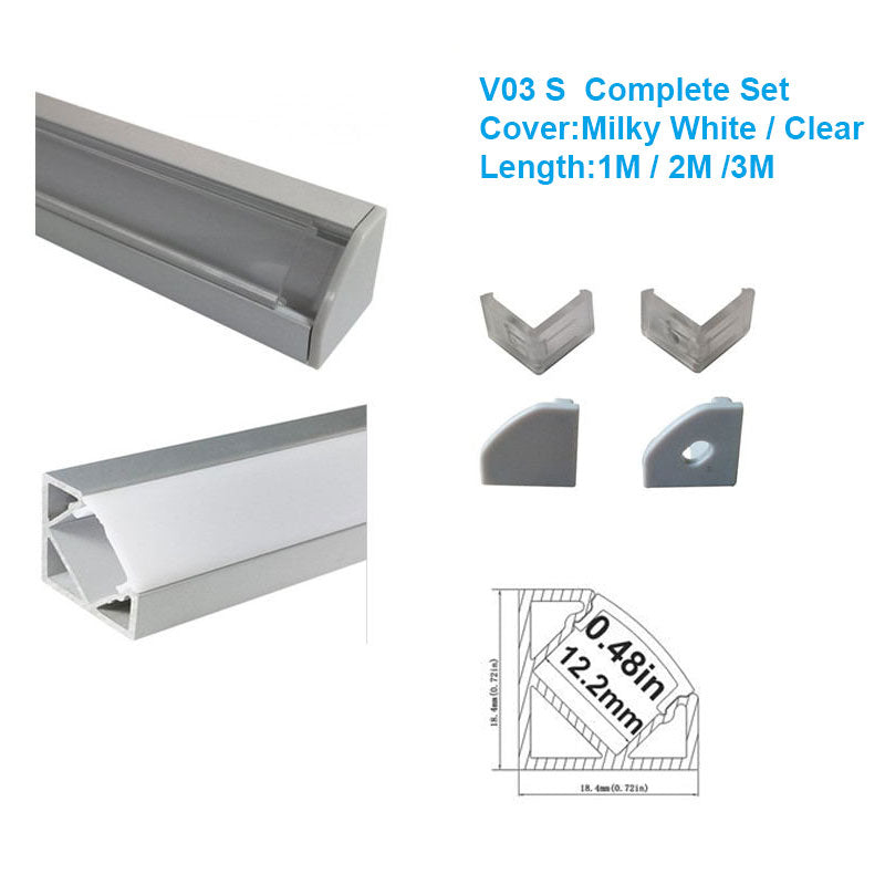 V Shape LED Channel V03-A – 12mm | Silver / Black | Milky White Cover | With Installation Accessories | – Standard Aluminum Profile – 1m / 2m / 3m | 50 / 100-Pack