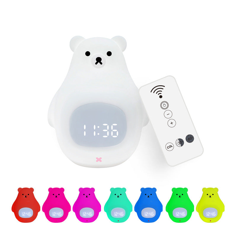 White Bear Clock and LED Night Light Rechargeable RGB Color Nursery Lamp Remote Controlled for Baby Girls Boys