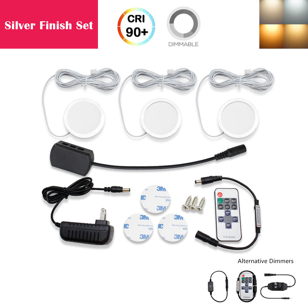 A-Series 3 Pack (3*2W) Dimmable CRI 90 Ultra Thin LED Under Cabinet Puck Lights With Dimmer & Power Adapter,  All Accessories Included