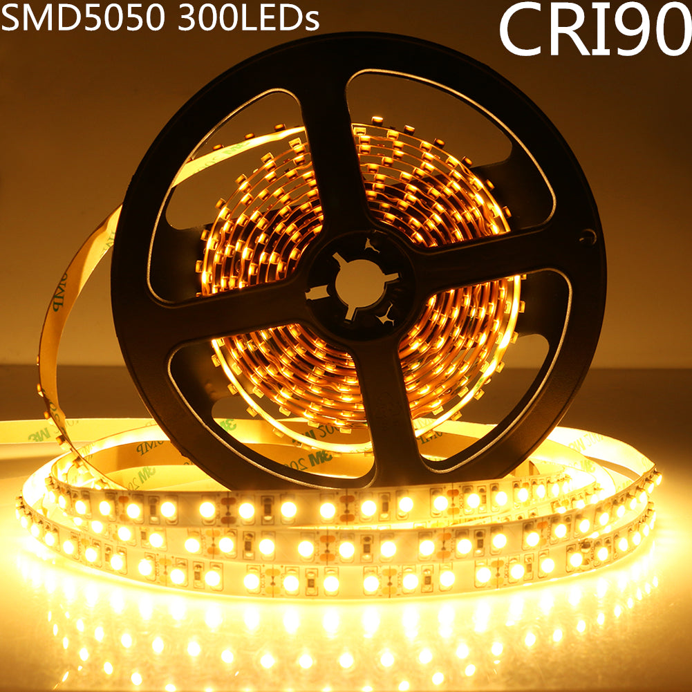 High CRI 90 LED Strip Lights, 5Meters (16.4ft) SMD5050-300, 60 LEDs 900LM Per Meter, DC 12V Dimmable Flexible LED Strips,10mm Wide Tape