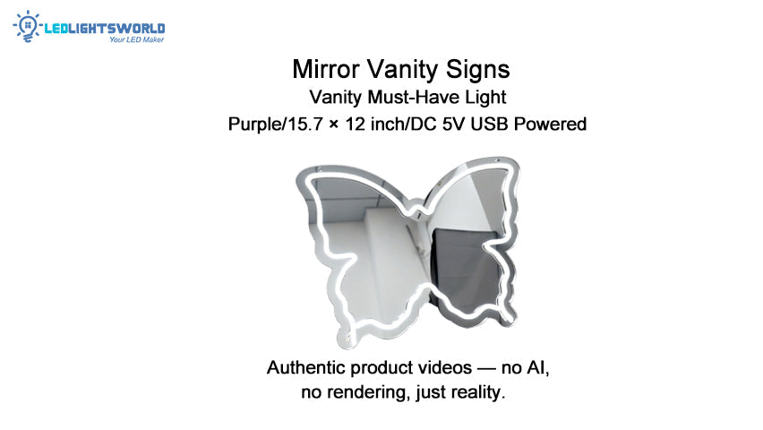 Butterfly Mirror Vanity Neon Sign Purple USB Powered Decor Display Demo | LEDLightsWorld