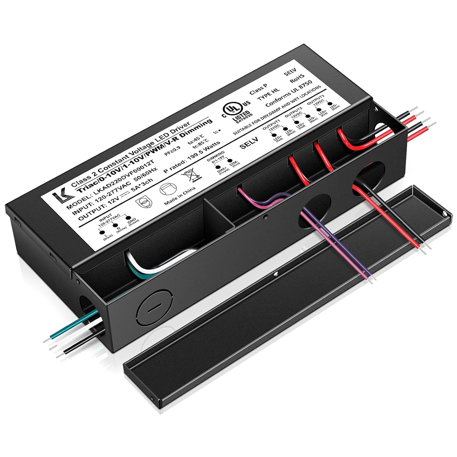 12V DC 5-in-1 Dimmable LED Power Supply, 60W/100W/200W, UL Listed, AC 120–277V Input, Waterproof Driver for Traic/ELV/0-10V/PWM/Resistive Control