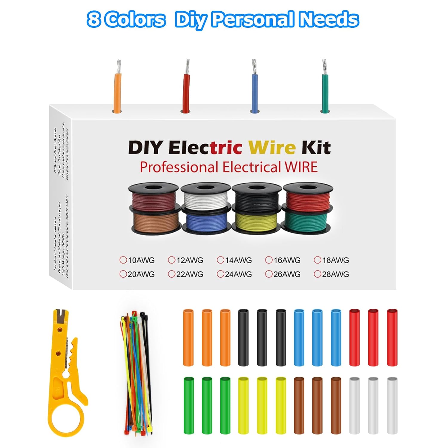 18 AWG Silikonkabel-Set, verzinntes Kupferlitzenkabel, 3–15 m pro Rolle × 8 Farben, flexibles, hitzebeständiges Anschlusskabel-Set für Heimwerker, Automobile, LED, RC, Stromverkabelung
