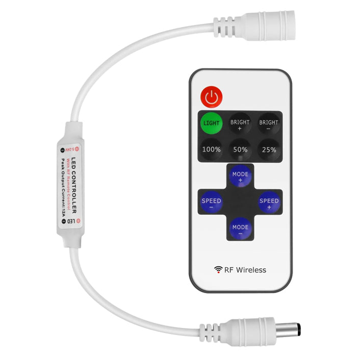 LED Strip Controller – 5V/24V – White RF Remote with Dimmer Function | For Single Color 5050/3528 Strips