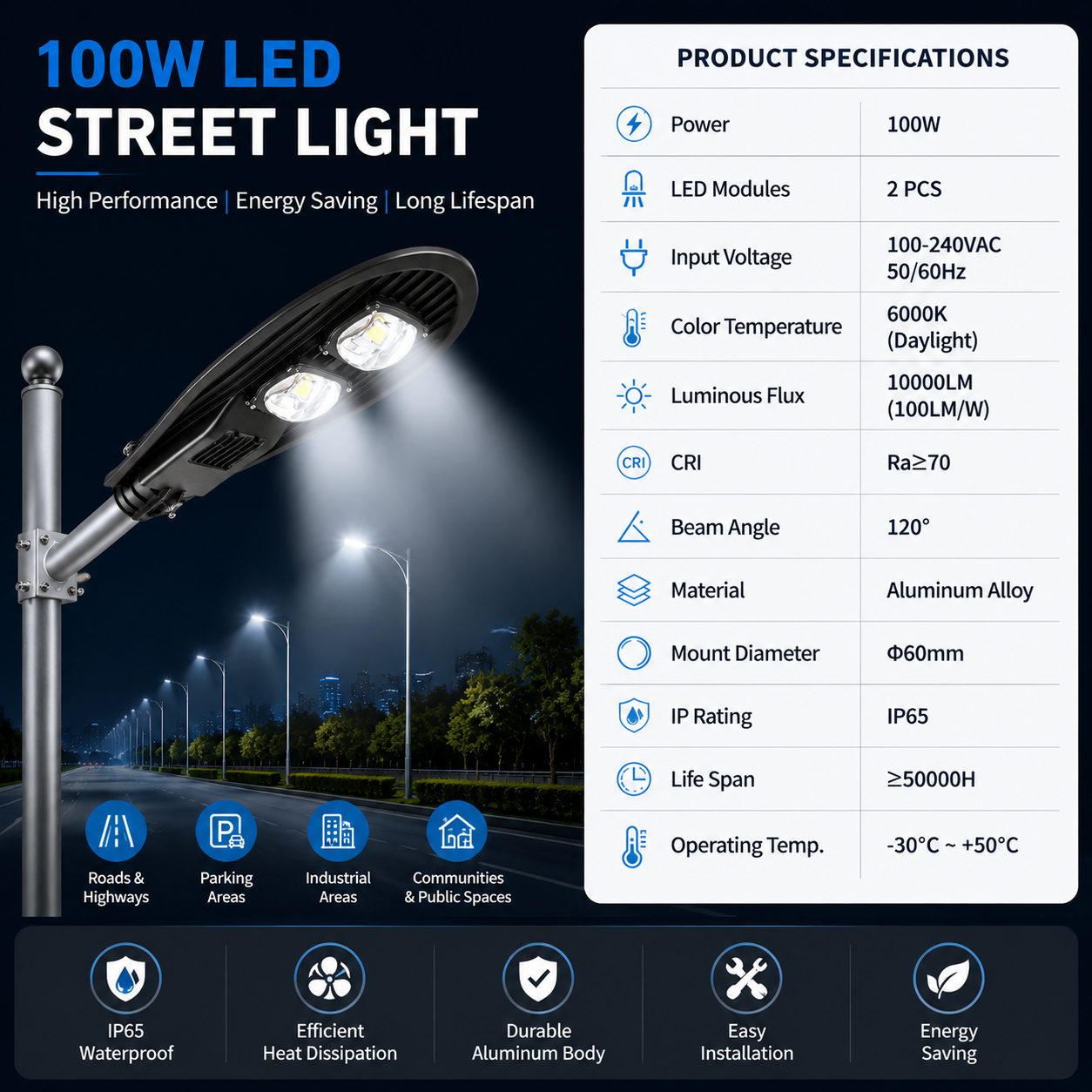 100W IP65 Wasserdichte LED-Mastleuchte für LED-Straßenbeleuchtung Reinweiß 6500K