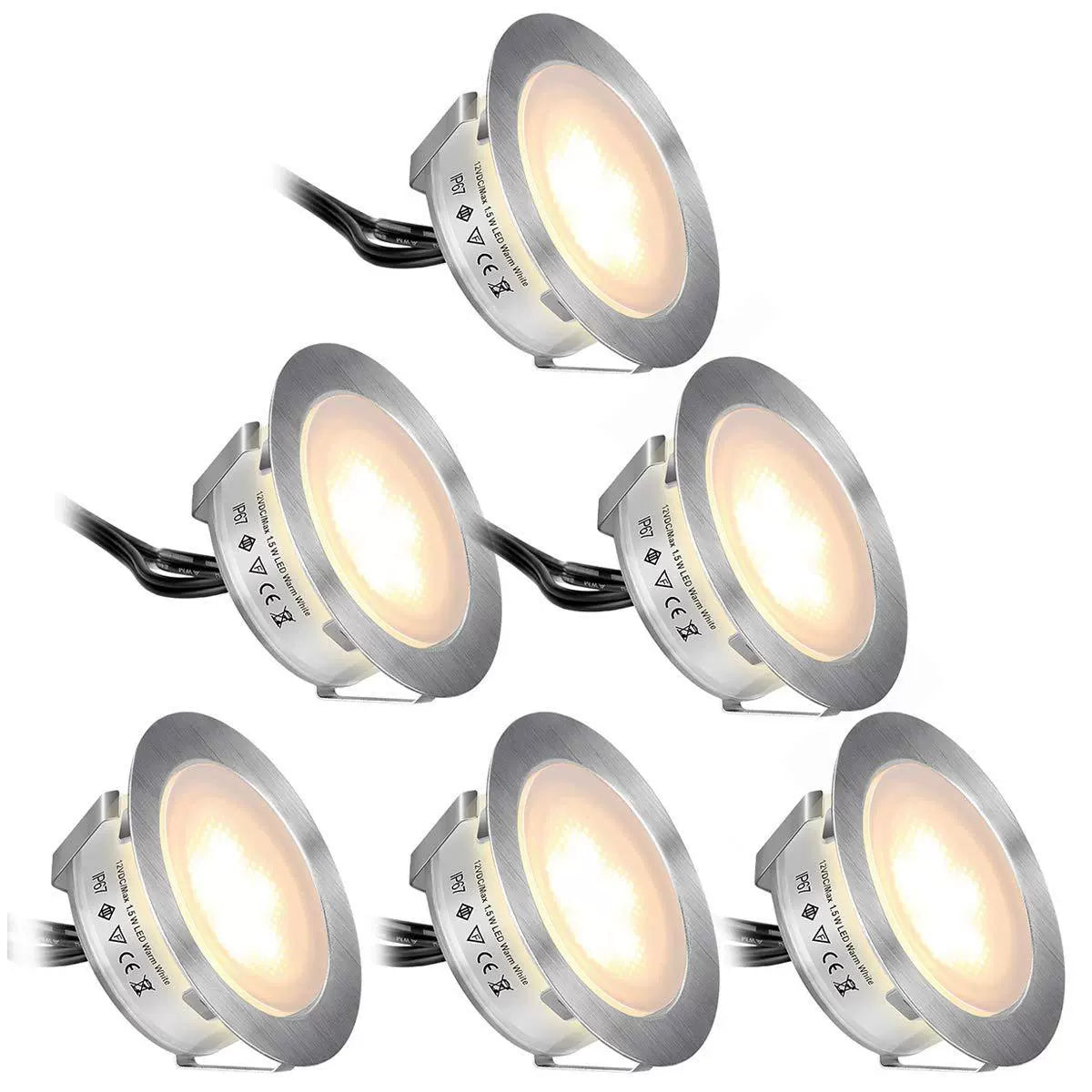 6-Pack Recessed LED Deck Lights – 1.5W Each | Warm White / Natural White  | AC100–265V Input with Power Adapter | US / EU / UK / AU Plug Options | IP67 Waterproof Inground Step Lights Kit for Deck, Garden, Yard, Stairs & Pathway Lighting