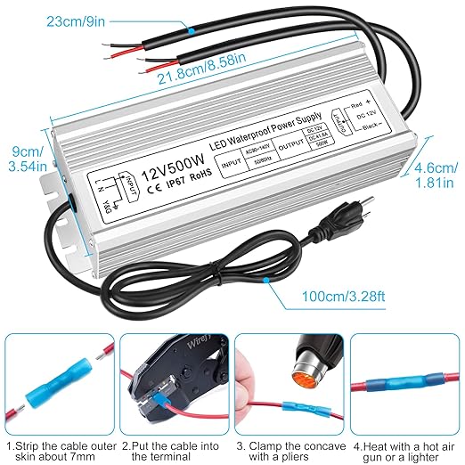 12V Waterproof LED Transformer, 90–140V Input, 200W–500W, Single/Dual Wire Output, Aluminum Housing, CE/RoHS/FCC — US Plug & Wire Leads Options