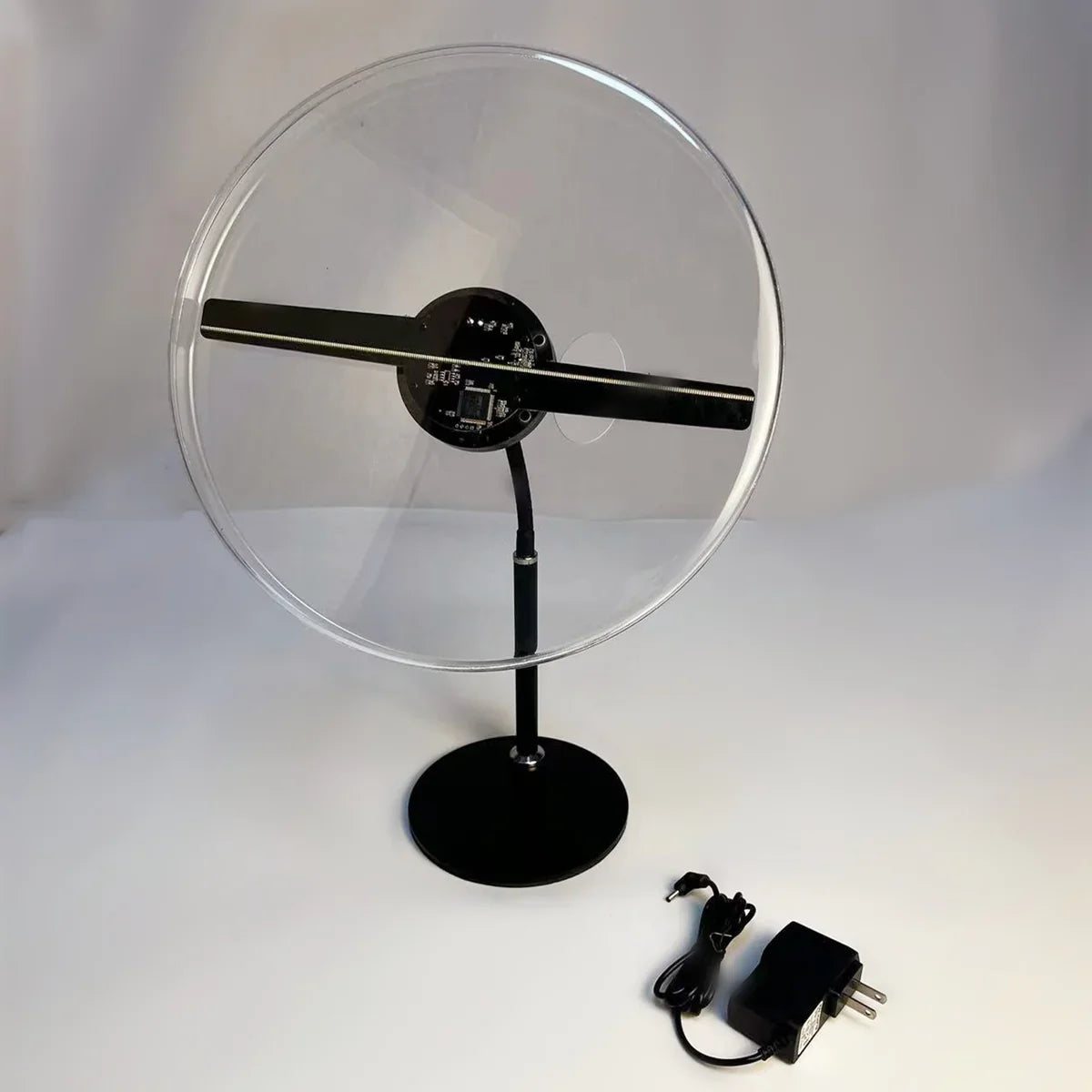 Ventilateur holographique 3D 30 cm (11,8 po) DC5 V | Lecteur visuel LED haute luminosité à 2 pales | Support de bureau/sol | Alimentation par batterie (non fournie) | Boîtier de protection transparent ou noir