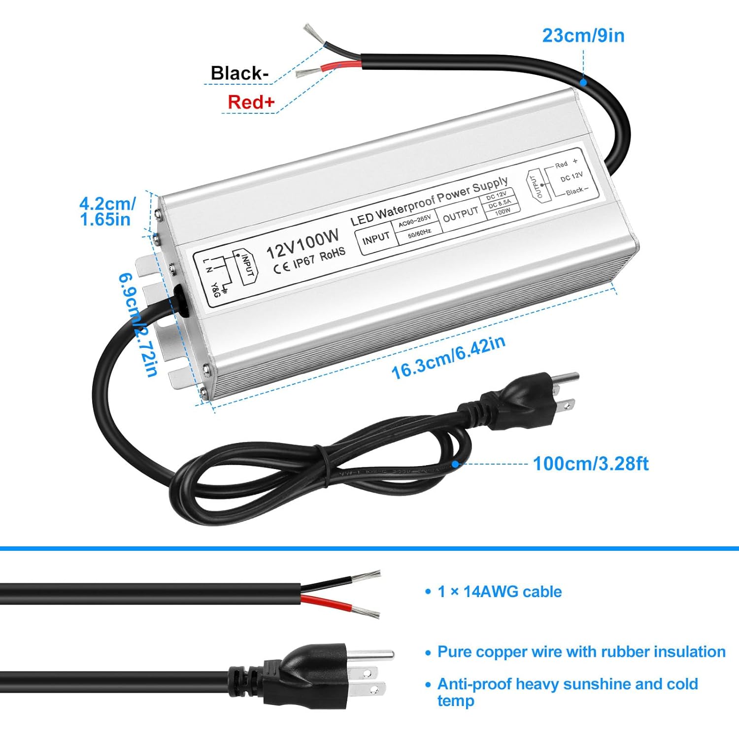 12V Waterproof LED Power Supply 30W–300W, 90–265V Input, Single/Dual Wire Output, Outdoor LED Driver, CE/RoHS/FCC —US/UK/EU Plug & Wire Leads Options