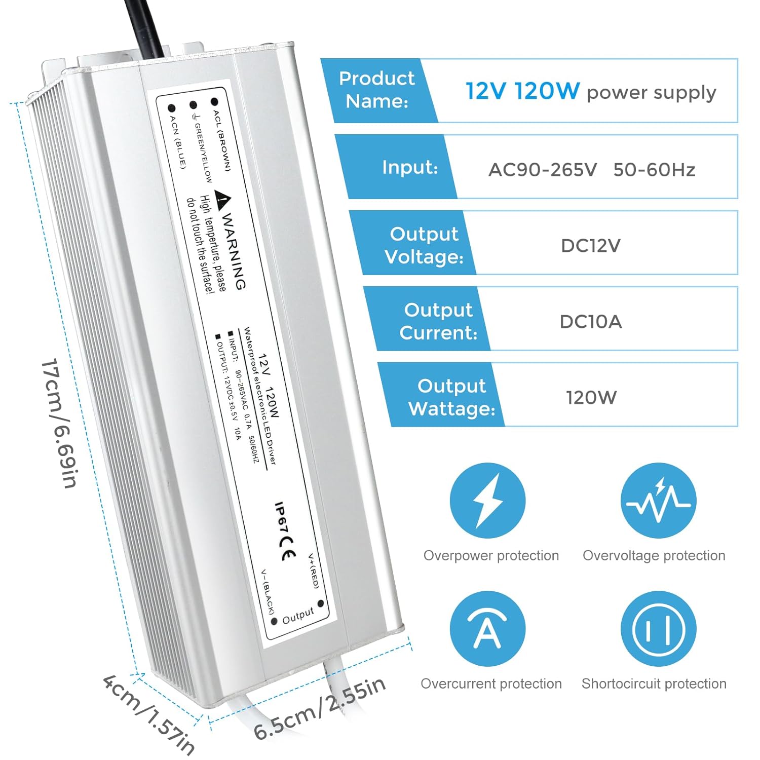12V Waterproof LED Power Supply 30W–300W, 90–265V Input, Single/Dual Wire Output, Outdoor LED Driver, CE/RoHS/FCC —US/UK/EU Plug & Wire Leads Options