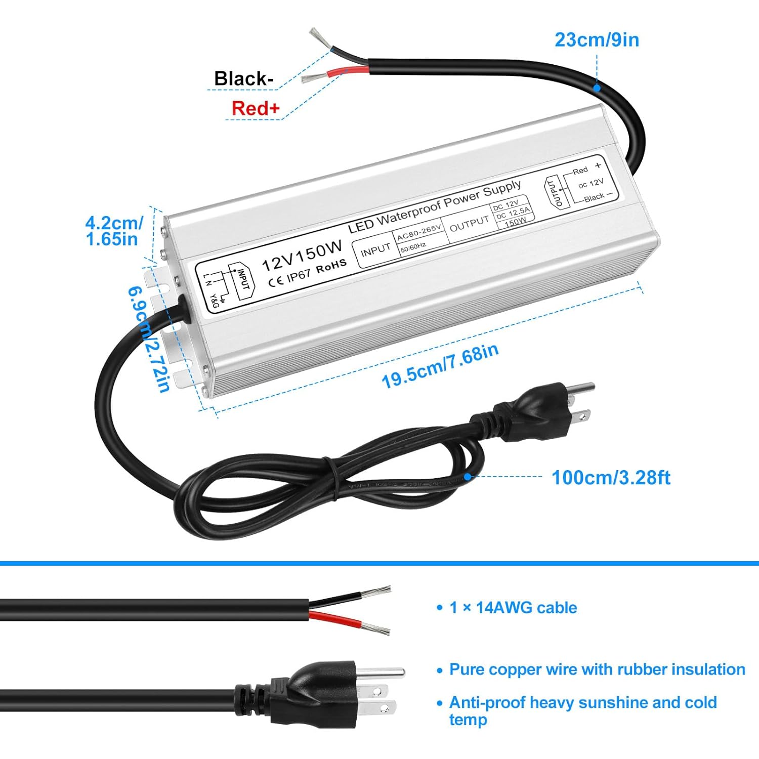12V Waterproof LED Power Supply 30W–300W, 90–265V Input, Single/Dual Wire Output, Outdoor LED Driver, CE/RoHS/FCC —US/UK/EU Plug & Wire Leads Options