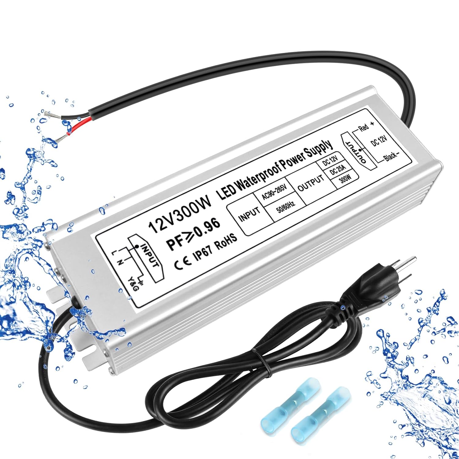 12V Waterproof LED Power Supply 30W–300W, 90–265V Input, Single/Dual Wire Output, Outdoor LED Driver, CE/RoHS/FCC —US/UK/EU Plug & Wire Leads Options