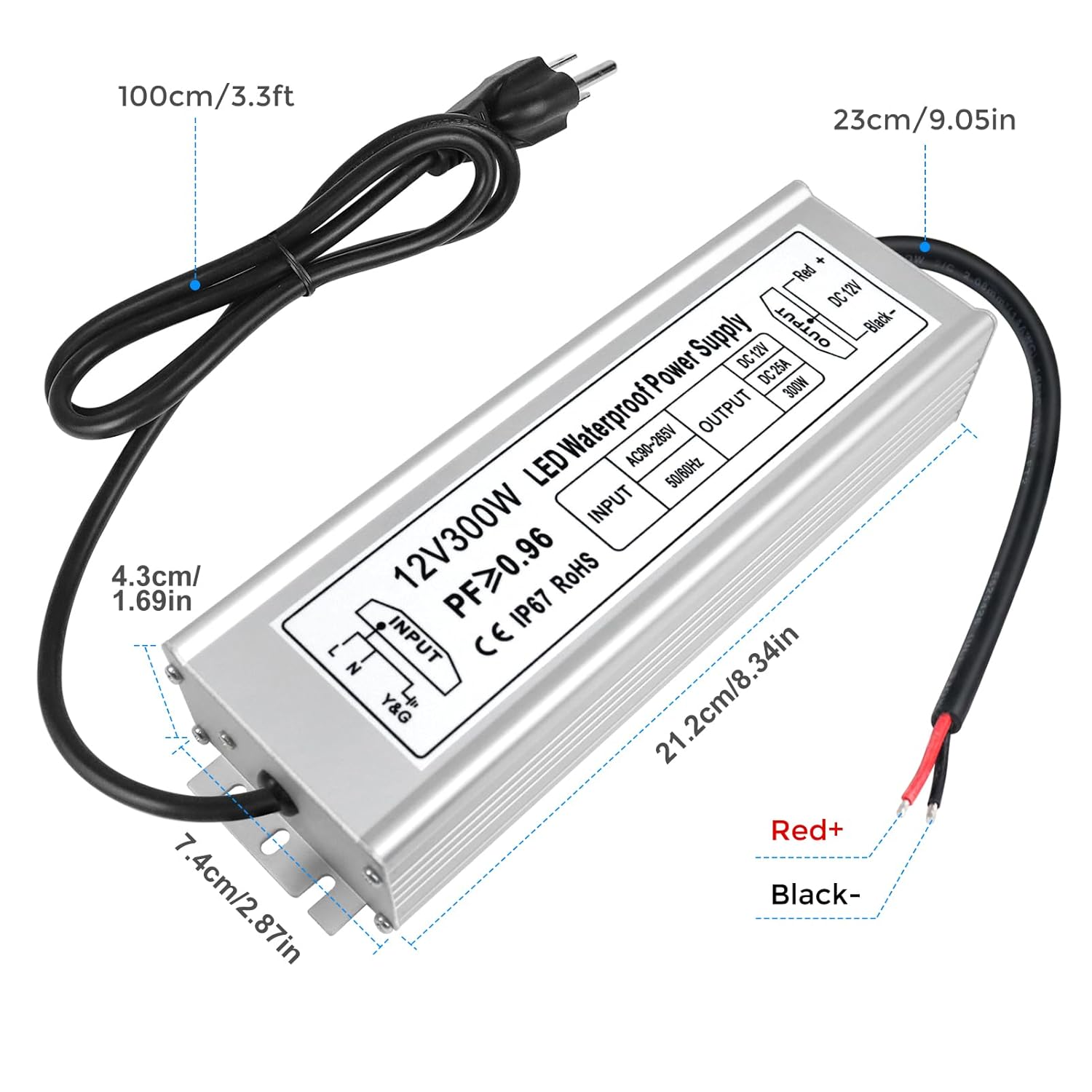 12V Waterproof LED Power Supply 30W–300W, 90–265V Input, Single/Dual Wire Output, Outdoor LED Driver, CE/RoHS/FCC —US/UK/EU Plug & Wire Leads Options