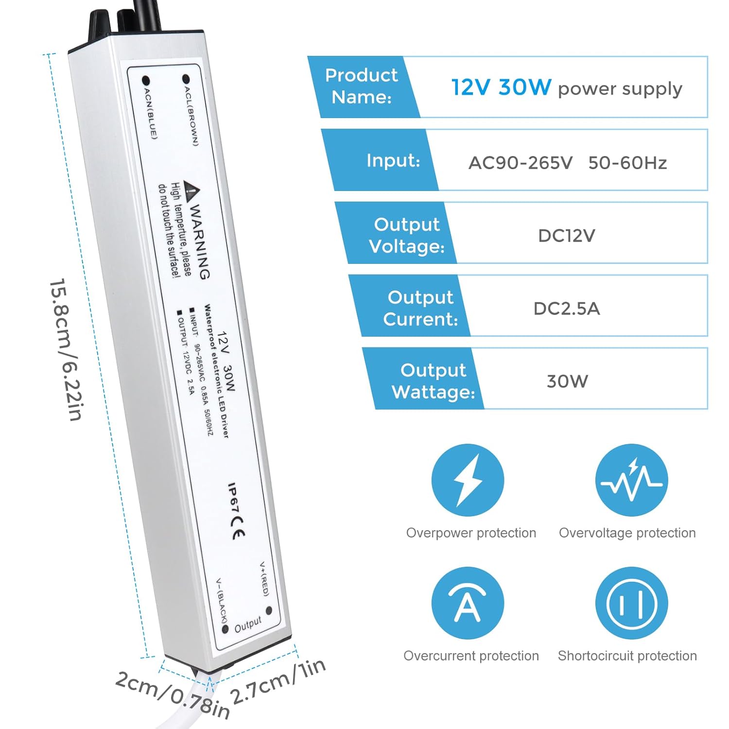 12V Waterproof LED Power Supply 30W–300W, 90–265V Input, Single/Dual Wire Output, Outdoor LED Driver, CE/RoHS/FCC —US/UK/EU Plug & Wire Leads Options