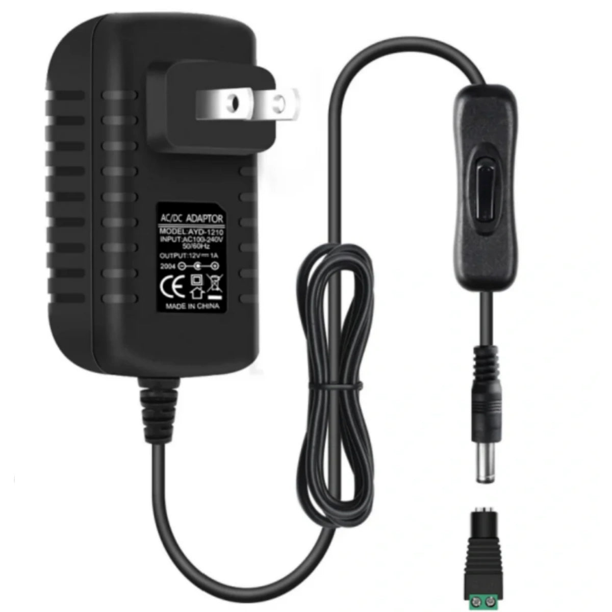 DC 12V Power Supply Adapter with On/Off Switch, 12W/24W/36W Options, US Plug, Black/White Housing, 100–240V AC Input, Wall Plug Charger for LED Strip Lights and Electronics