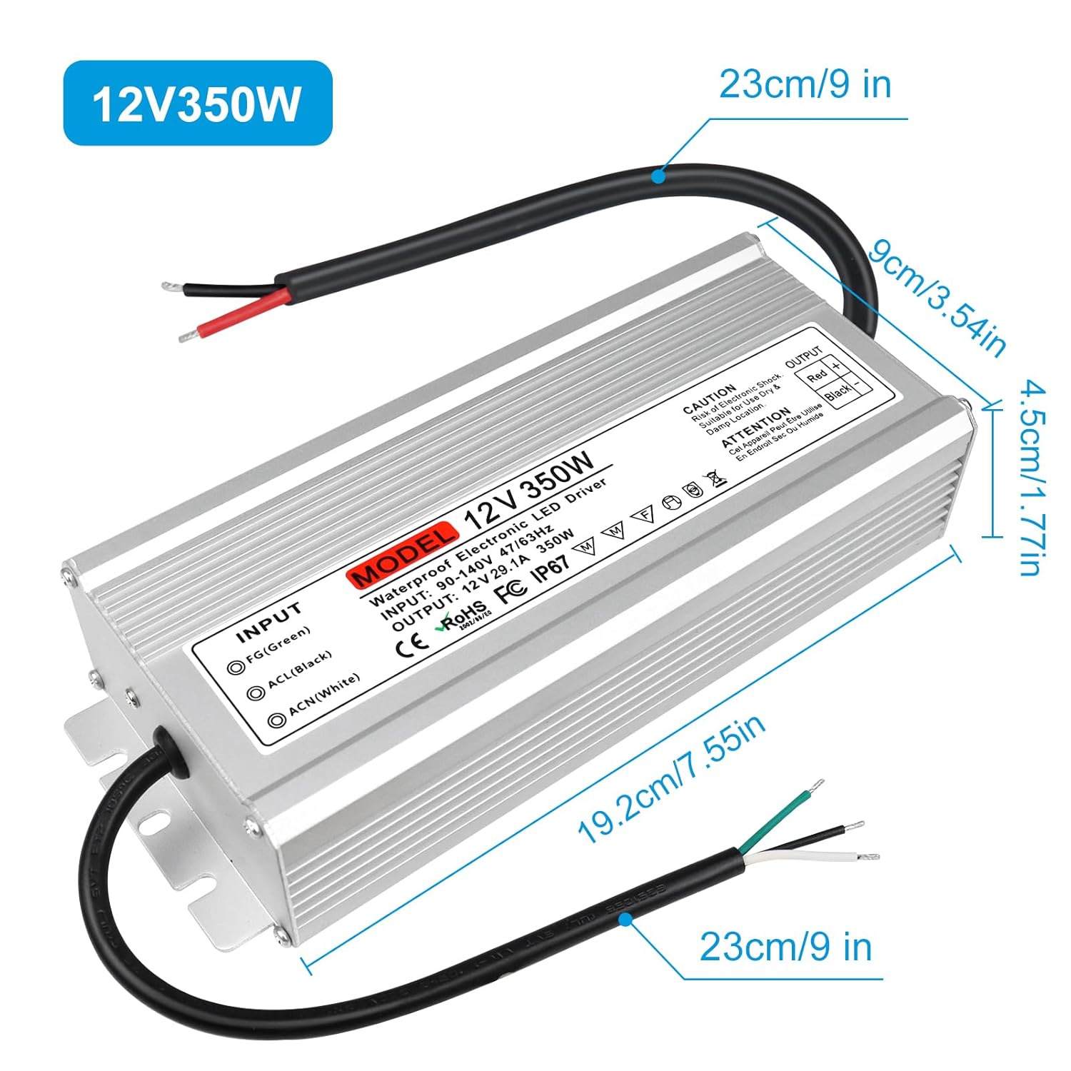 12V Waterproof LED Transformer, 90–140V Input, 200W–500W, Single/Dual Wire Output, CE/RoHS/FCC — US Plug & Wire Leads Options