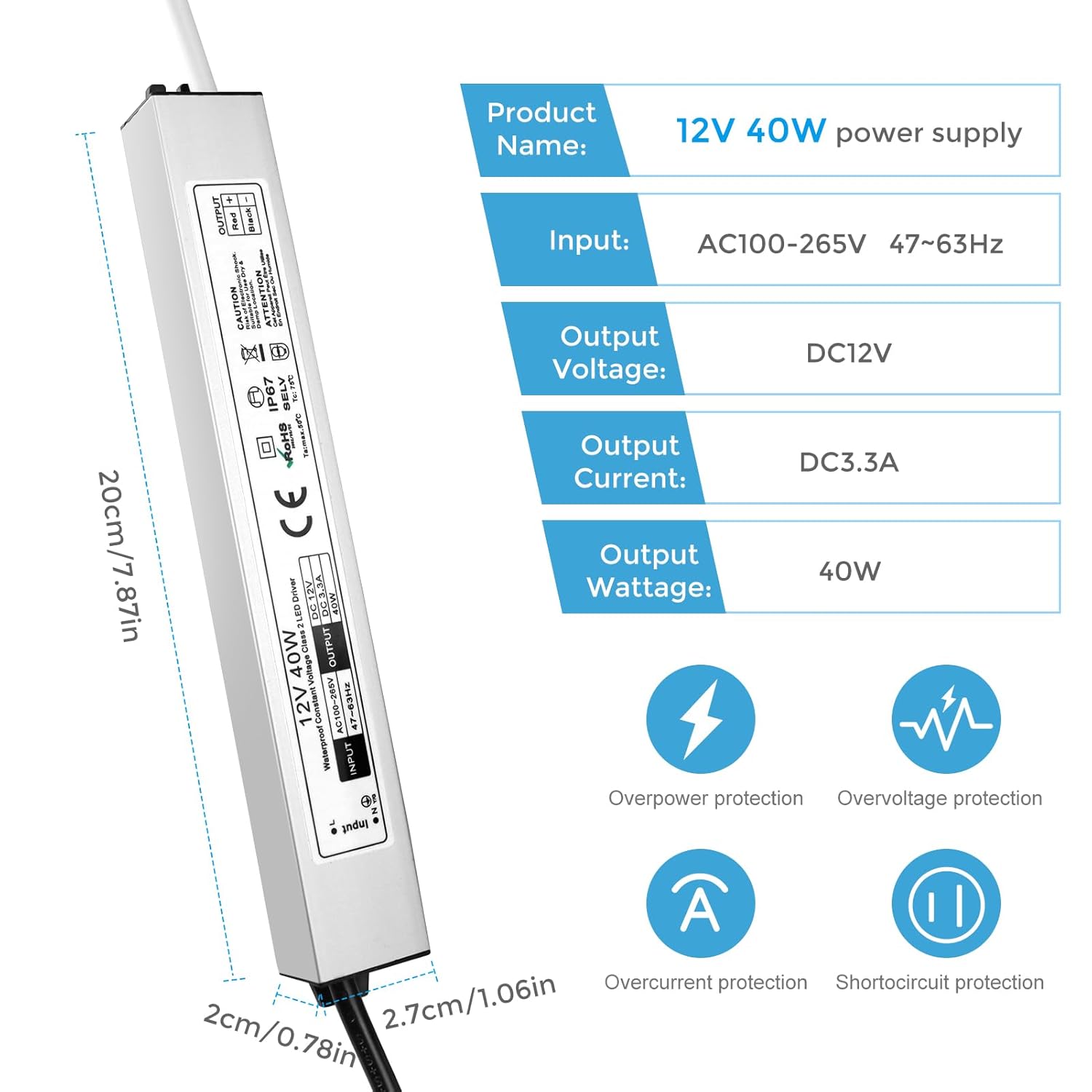 12V Waterproof LED Power Supply 30W–300W, 90–265V Input, Single/Dual Wire Output, Outdoor LED Driver, CE/RoHS/FCC —US/UK/EU Plug & Wire Leads Options