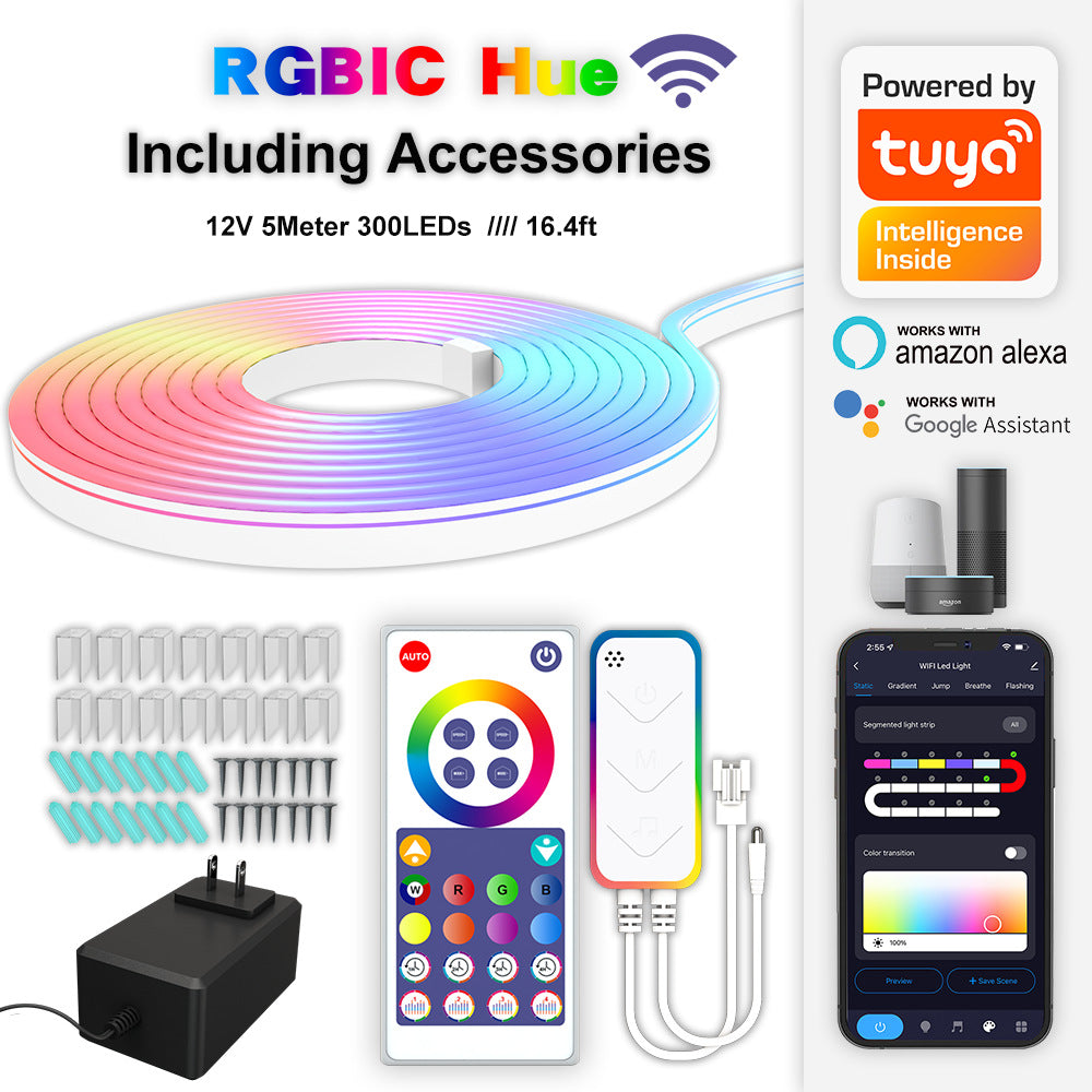 RGB Dream Color LED NEON Light Strip Kit in 16.4FT with 300LEDs Lighting Kit with APP Controlled Sound Active function Wireless Remote Control