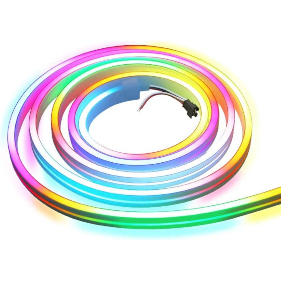 RGB Addressable Neon LED Strip Light | WS2812 SMD5050 60LEDs/M | 16×16mm Flexible Silicone Neon Rope | IP67 Waterproof | Top-Bend & Side-Bend Options | 5M Roll Kit with Power Adapter & Controller