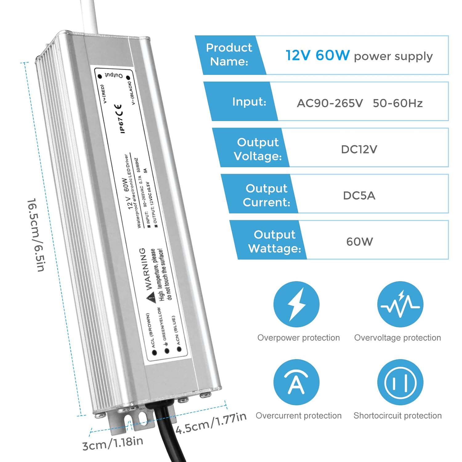 12V Waterproof LED Power Supply 30W–300W, 90–265V Input, Single/Dual Wire Output, Outdoor LED Driver, CE/RoHS/FCC —US/UK/EU Plug & Wire Leads Options