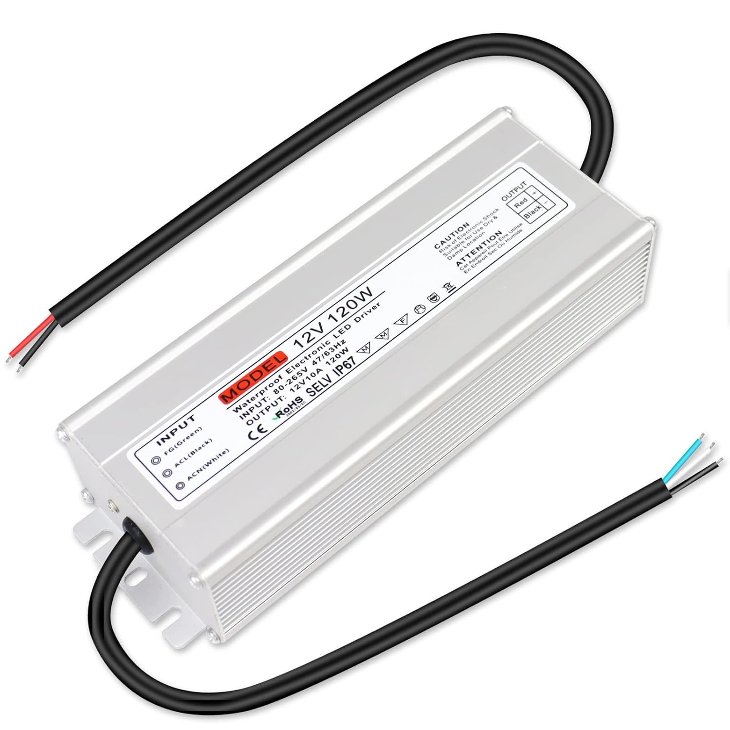 12V Waterproof LED Power Supply 30W–300W, 90–265V Input, Single/Dual Wire Output, Outdoor LED Driver, CE/RoHS/FCC —US/UK/EU Plug & Wire Leads Options