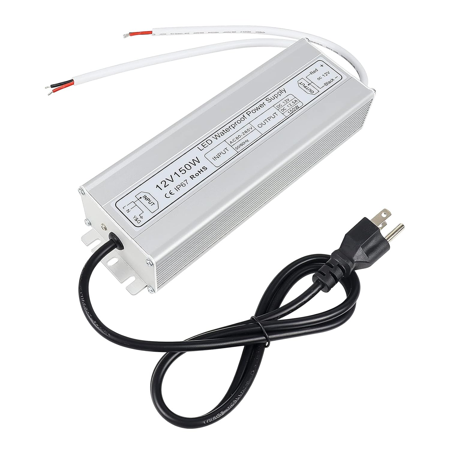 12V Waterproof LED Power Supply 30W–300W, 90–265V Input, Single/Dual Wire Output, Outdoor LED Driver, CE/RoHS/FCC —US/UK/EU Plug & Wire Leads Options