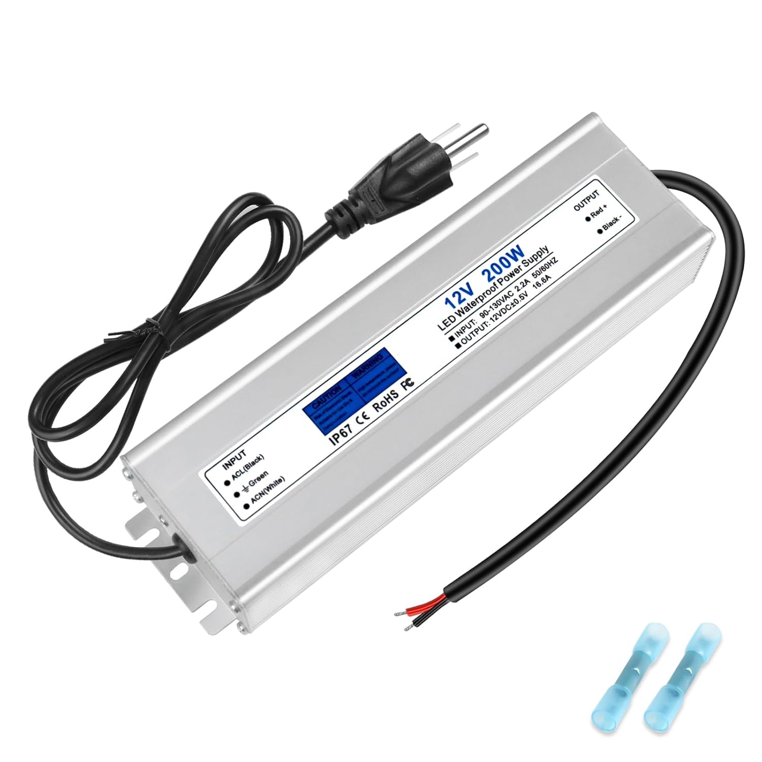 12V Waterproof LED Transformer, 90–140V Input, 200W–500W, Single/Dual Wire Output, CE/RoHS/FCC — US Plug & Wire Leads Options