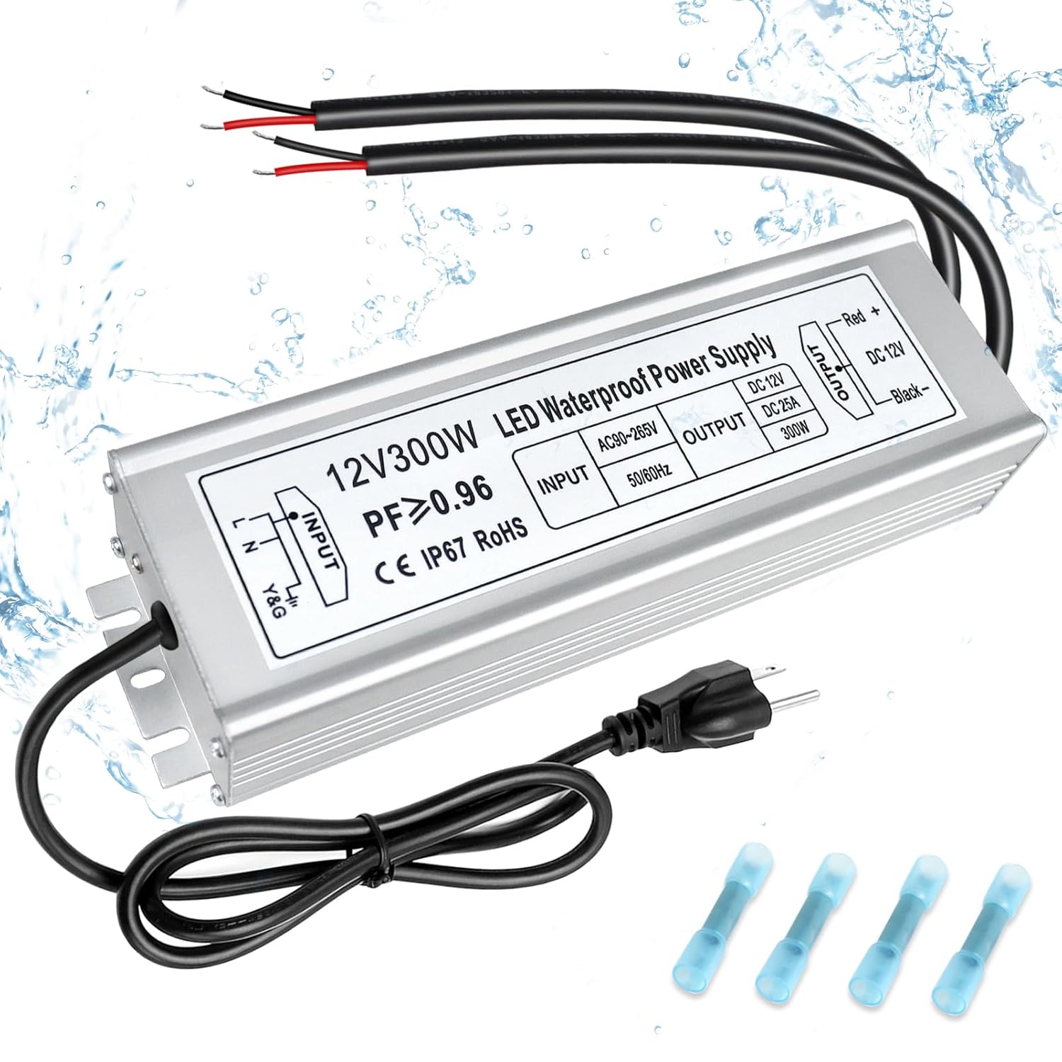12V Waterproof LED Power Supply 30W–300W, 90–265V Input, Single/Dual Wire Output, Outdoor LED Driver, CE/RoHS/FCC —US/UK/EU Plug & Wire Leads Options