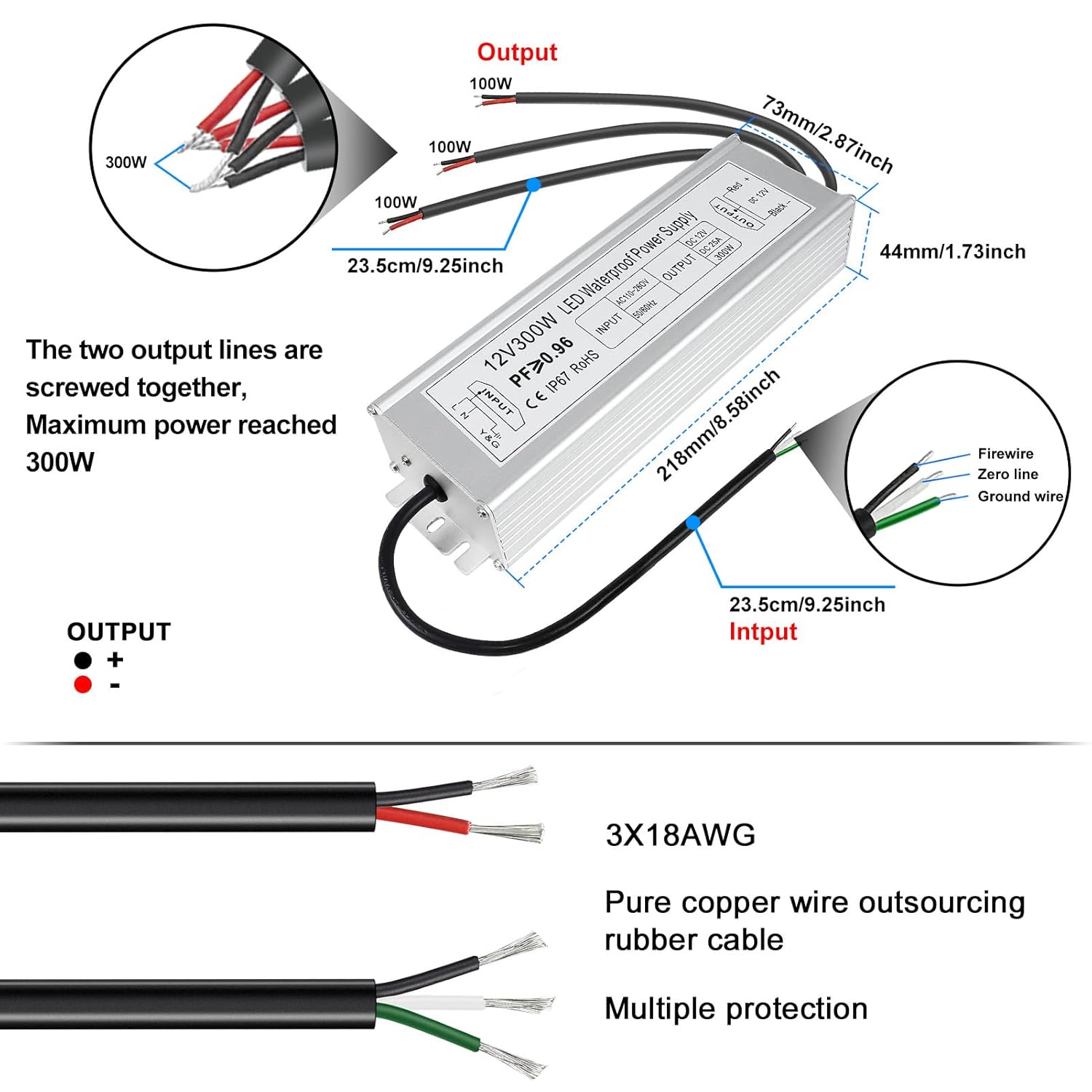 12V Waterproof LED Power Supply 30W–300W, 90–265V Input, Single/Dual Wire Output, Outdoor LED Driver, CE/RoHS/FCC —US/UK/EU Plug & Wire Leads Options