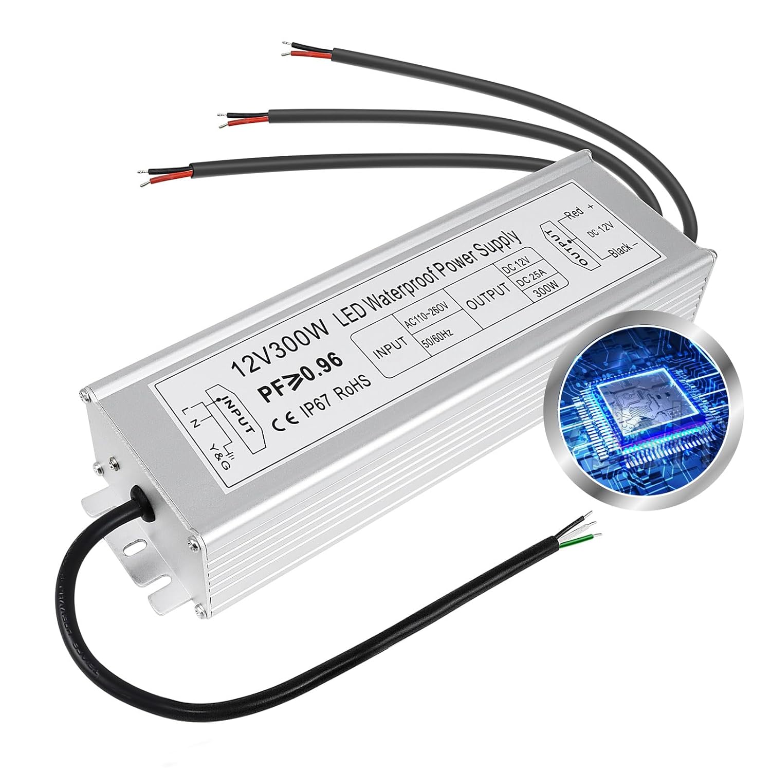 12V Waterproof LED Power Supply 30W–300W, 90–265V Input, Single/Dual Wire Output, Outdoor LED Driver, CE/RoHS/FCC —US/UK/EU Plug & Wire Leads Options