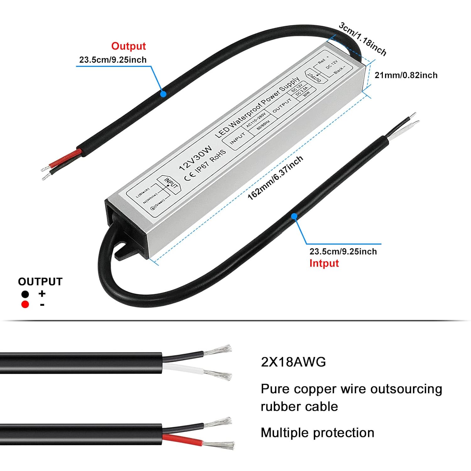 12V Waterproof LED Power Supply 30W–300W, 90–265V Input, Single/Dual Wire Output, Outdoor LED Driver, CE/RoHS/FCC —US/UK/EU Plug & Wire Leads Options