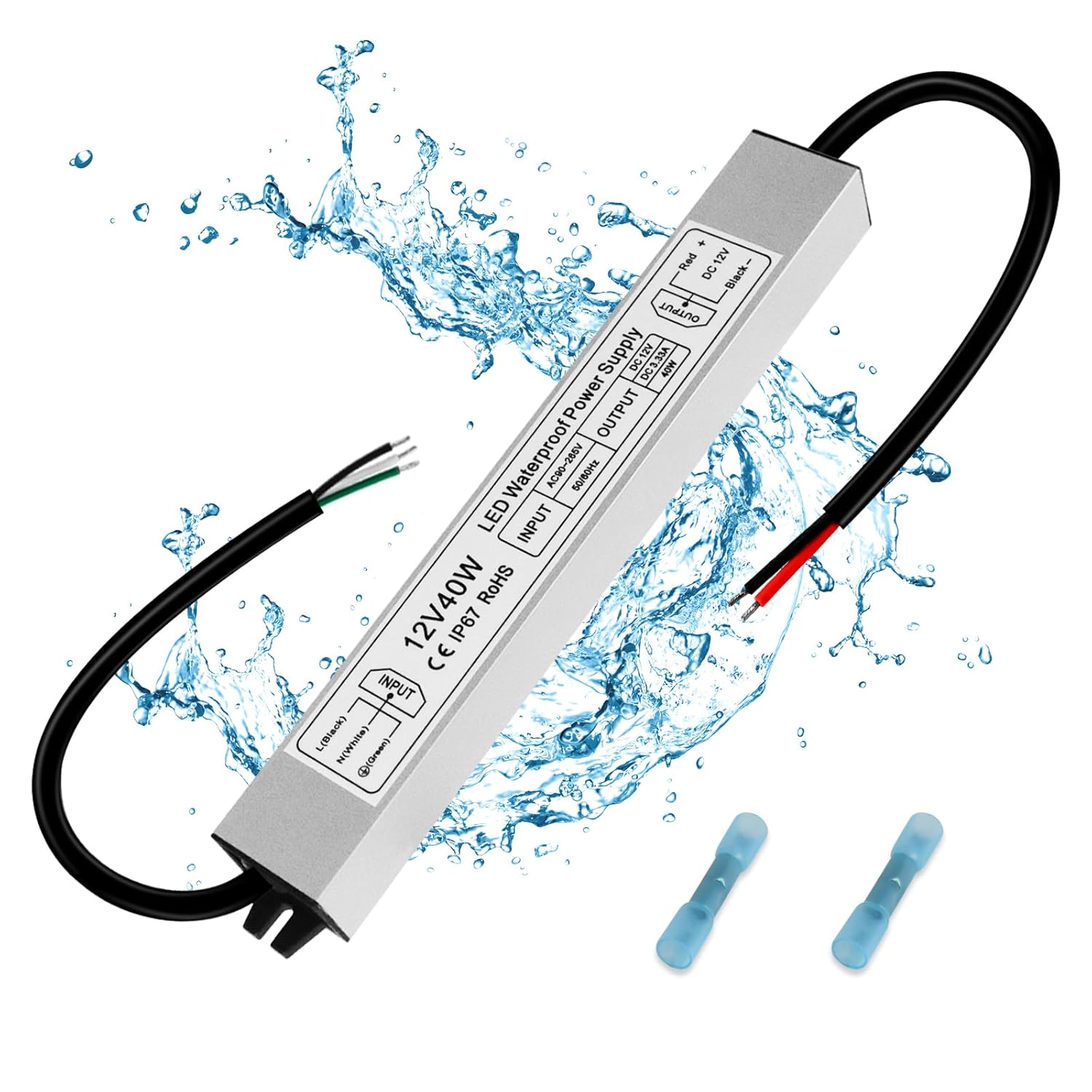 12V Waterproof LED Power Supply 30W–300W, 90–265V Input, Single/Dual Wire Output, Outdoor LED Driver, CE/RoHS/FCC —US/UK/EU Plug & Wire Leads Options