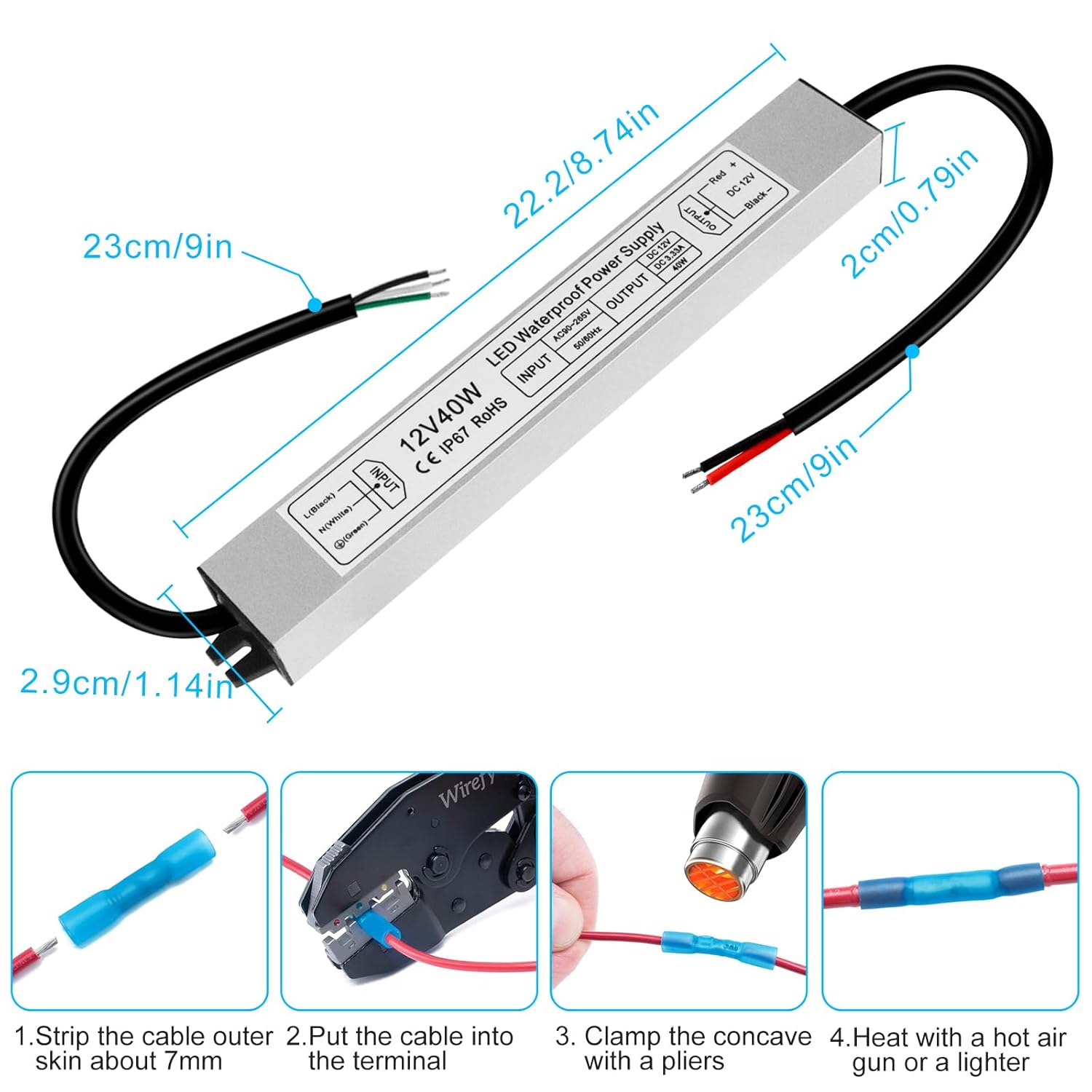 12V Waterproof LED Power Supply 30W–300W, 90–265V Input, Single/Dual Wire Output, Outdoor LED Driver, CE/RoHS/FCC —US/UK/EU Plug & Wire Leads Options
