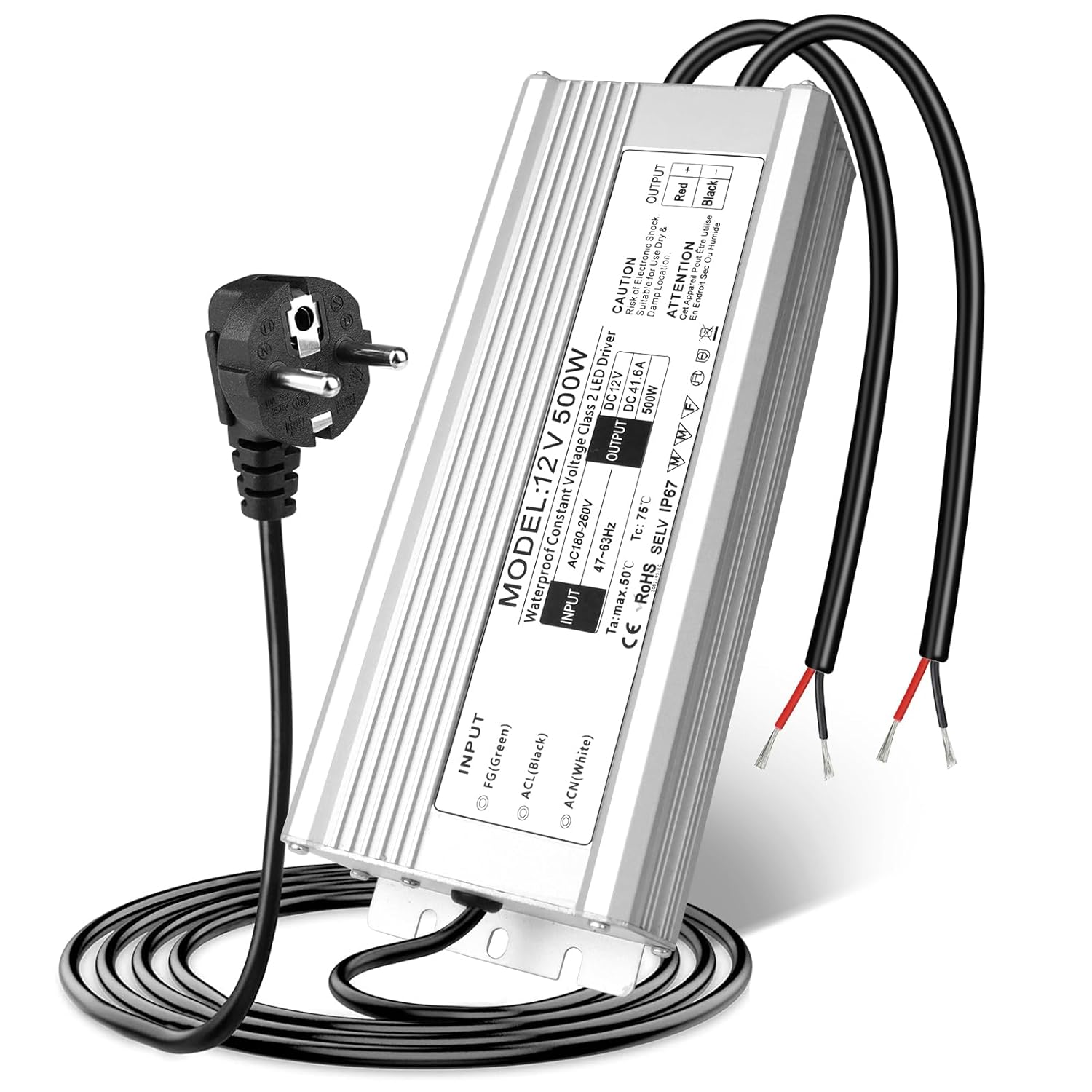 12V Waterproof LED Power Supply, 175–265V Input, 200W–500W, Single/Dual Wire Output, Outdoor LED Driver, CE/RoHS/FCC — UK/EU Plug & Wire Leads Options