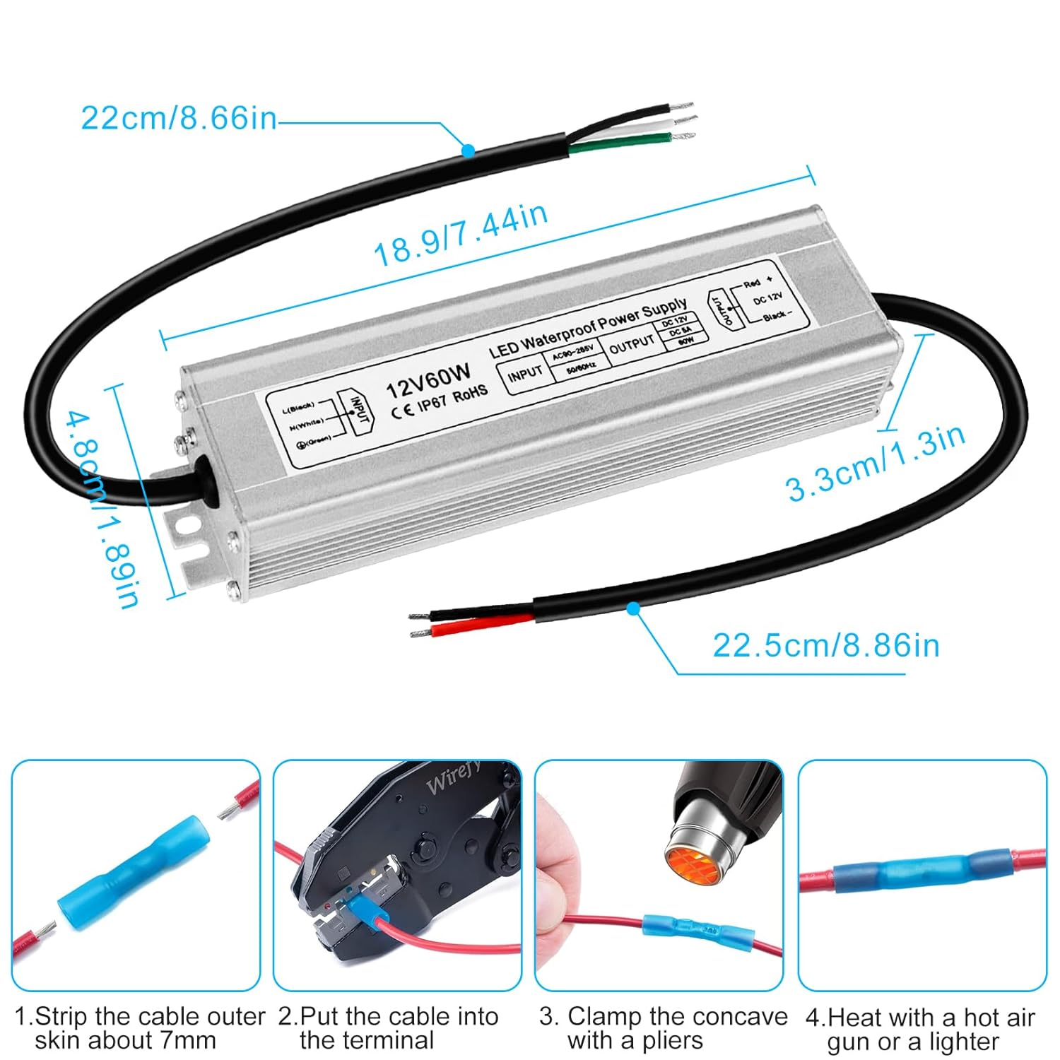 12V Waterproof LED Power Supply 30W–300W, 90–265V Input, Single/Dual Wire Output, Outdoor LED Driver, CE/RoHS/FCC —US/UK/EU Plug & Wire Leads Options