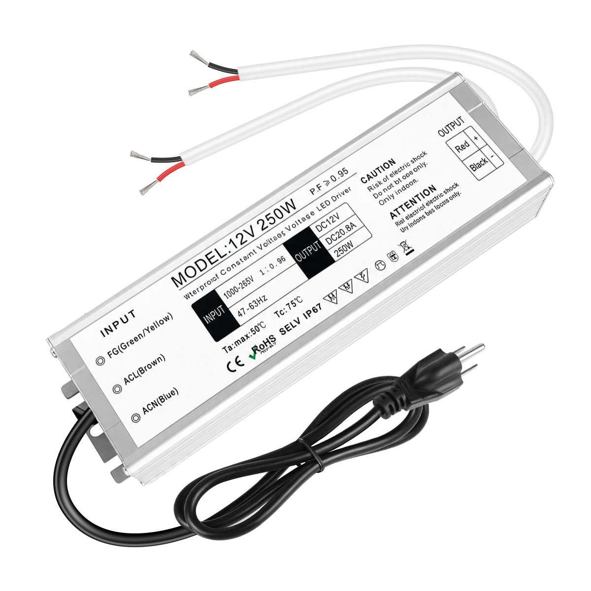 Wasserdichtes 12-V-LED-Netzteil, 30–300 W, 90–265 V Eingang, Einzel-/Doppelkabelausgang, LED-Treiber für den Außenbereich, CE/RoHS/FCC – Optionen für US-/UK-/EU-Stecker und Kabel 