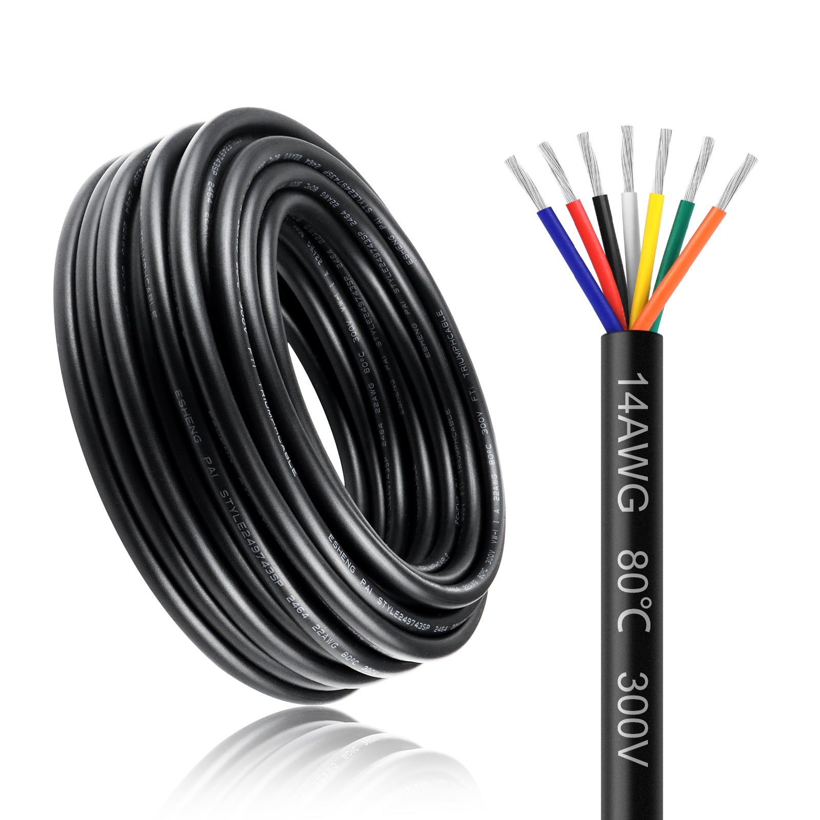 14 AWG Electrical Wire, 6/7/8 Conductor Stranded Tinned Copper Cable, Black/White PVC Multi-Core Power Cord, Flexible Control Extension Cable — 10/20/50m (33ft–165ft) Options