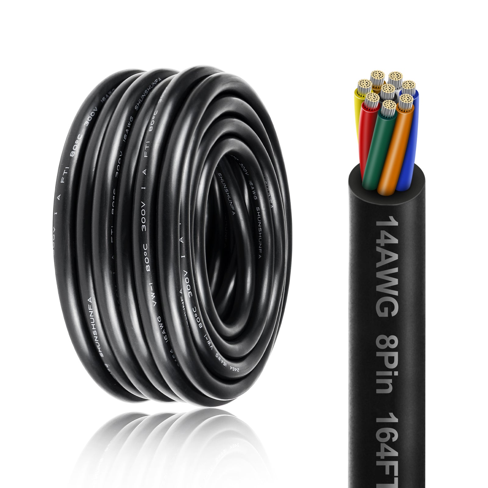 14 AWG Electrical Wire, 6/7/8 Conductor Stranded Tinned Copper Cable, Black/White PVC Multi-Core Power Cord, Flexible Control Extension Cable — 10/20/50m (33ft–165ft) Options