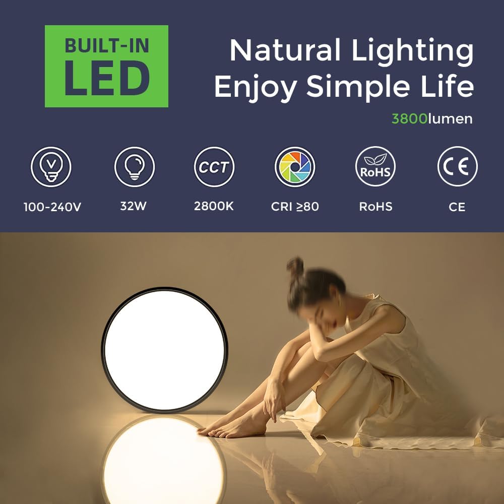 AC 220–240V Round LED Ceiling Light – Black – 12W / 18W / 24W / 32W Options – 3000K / 4500K / 5000K / 6500K – Flush Mount Ceiling Light – Local Stock (UK/DE)